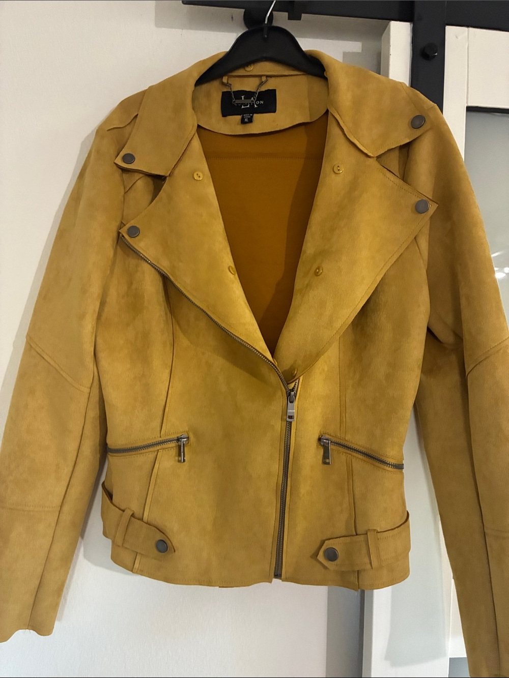 Faux Suede Moto Jacket in Mustard Yellow WITH DETACHABLE FUR COLLAR